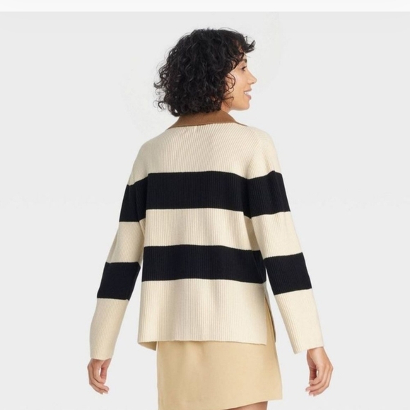 Striped V-Neck Sweater - Black and Cream - Picture 2 of 8